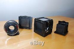 Bronica SQ-A with 80 mm f/2.8, 150 mm f/4, waist level finder, and two 120 backs