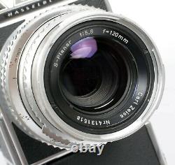 Hasselblad 500ELX camera with 120mm F5.6 lens A24 Back + Finder 9V batt. Adapter