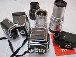 Hasselblad 500c 3 lenses/caps, 2 backs, polarizer, WithL & prisim finders, strap