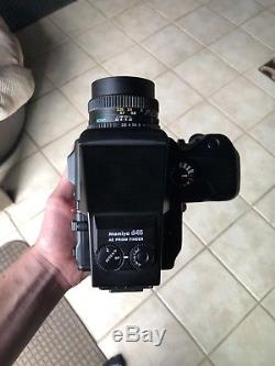 Near Mint Mamiya 645 Pro with 80mm 2.8 lens, AE prism, winder, and 2 film backs
