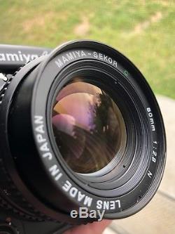 Near Mint Mamiya 645 Pro with 80mm 2.8 lens, AE prism, winder, and 2 film backs