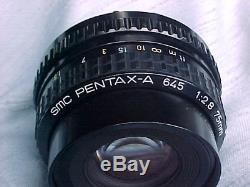 Pentax 645 Medium Format camera, SMC A 75/2.8 lens-120/220 Film back-Neck strap